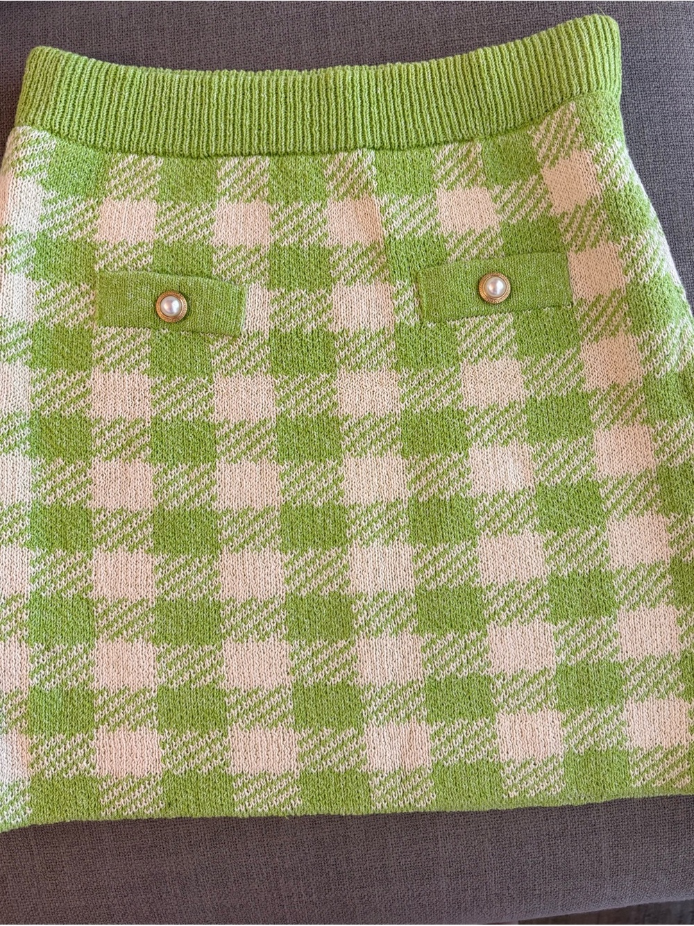 Mango Green and Cream Gingham Knit Mini Skirt with Pearl Detail